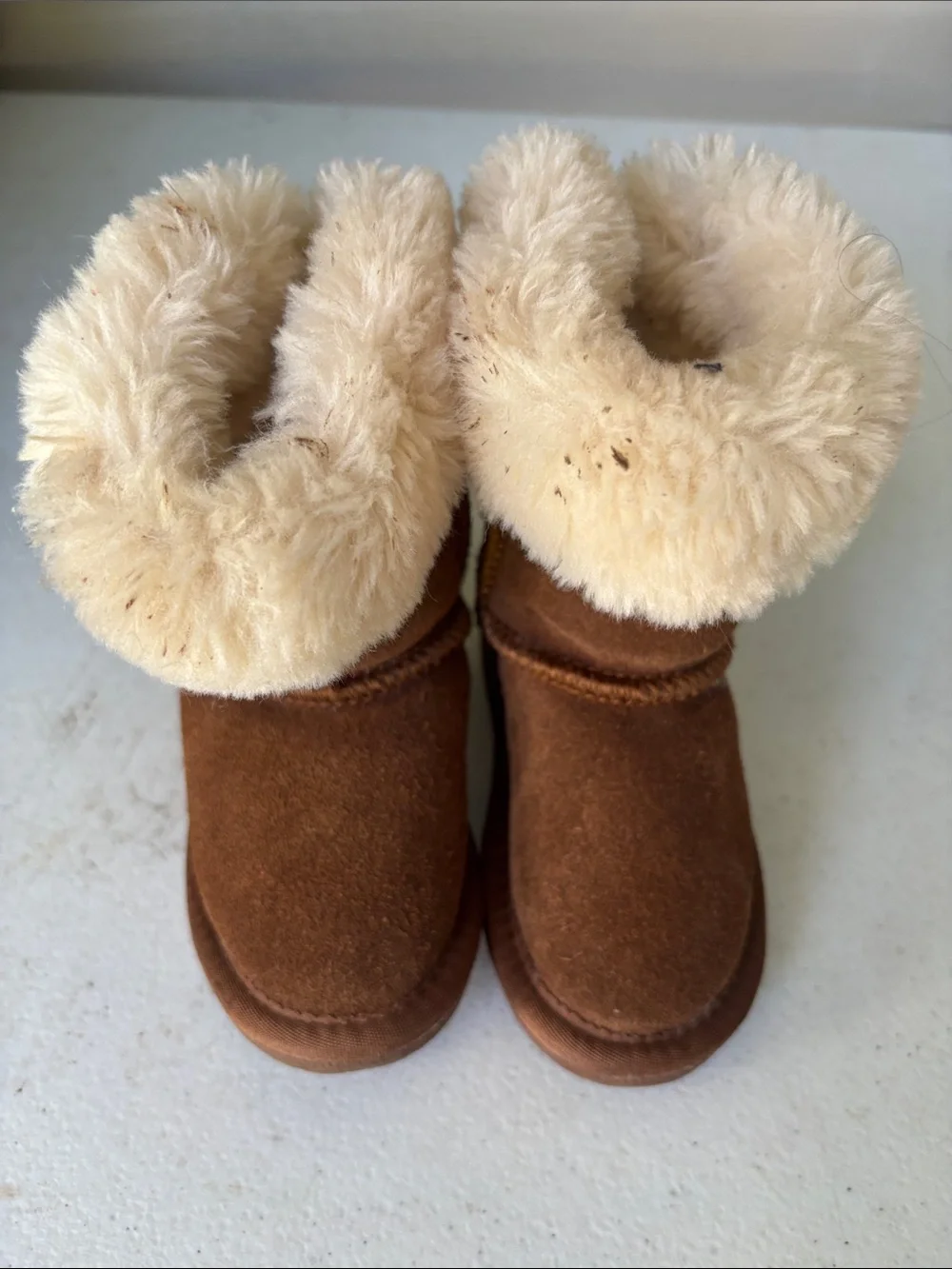 Lamo Brown Suede Kids Boots with Cream Faux Fur Cuff
